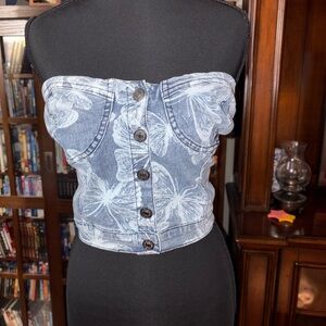 Forever 21 Floral Denim Blue Crop Top